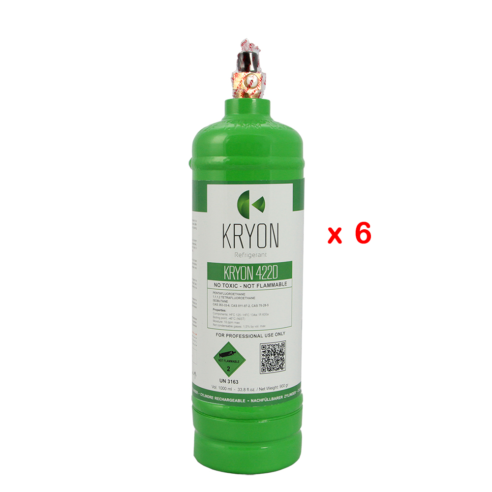 6 x R422D 6er-Pack KryoSmart-Flaschen - 1 Lt / 0,9 kg - 48 Bar - AC - Ventil ¼ SAE RH