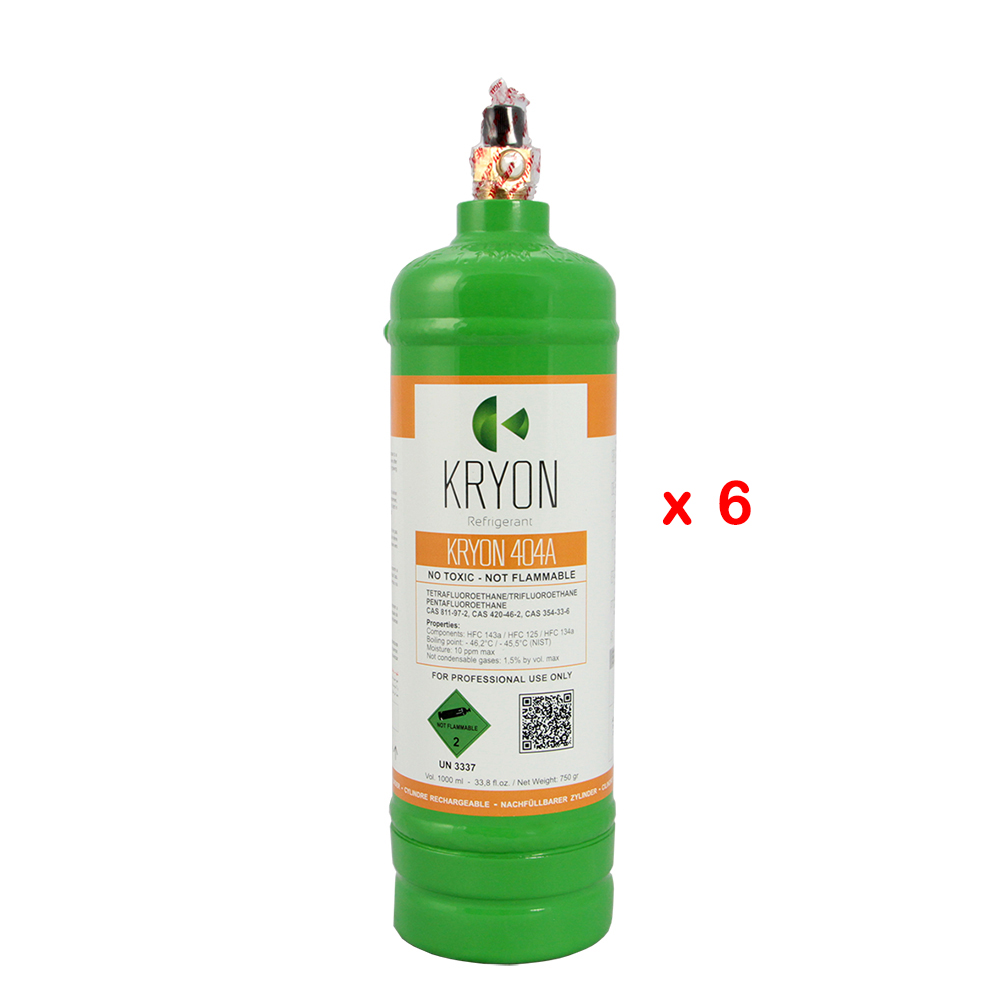 6 x R404A 6er-Pack Kryomart-Flaschen - 1 Lt / 0,75 kg - 48 Bar - Kohlenstoffstahl - Ventil ¼ SAE RH