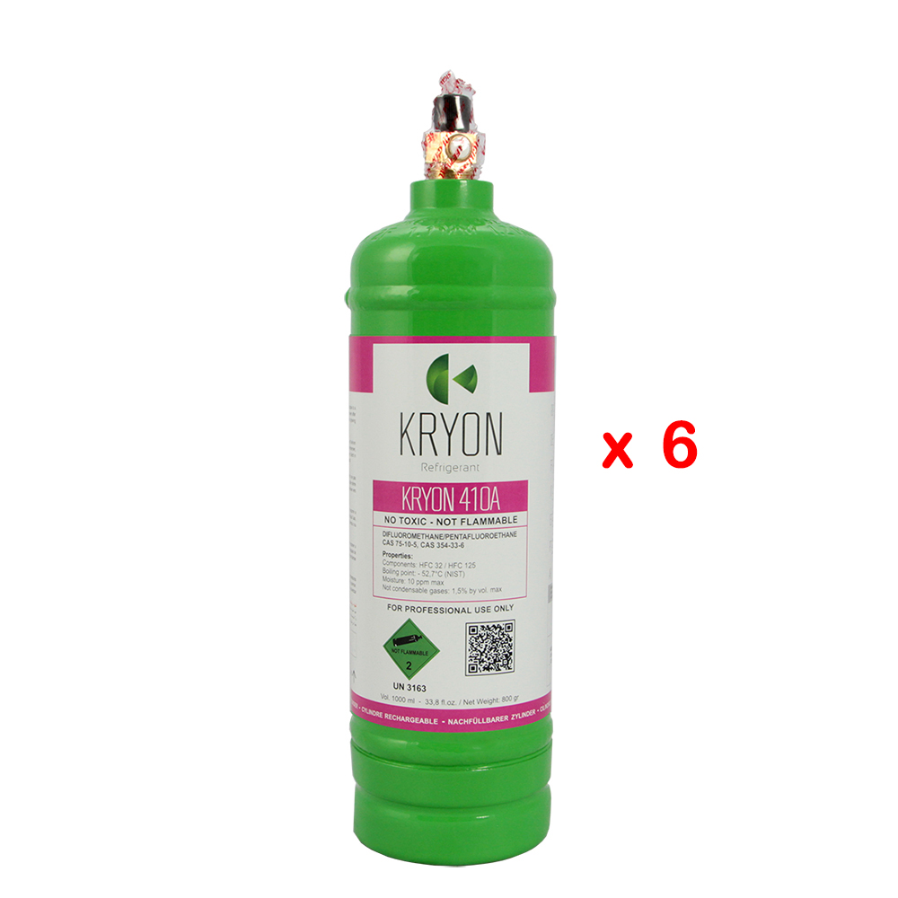 6 x R410A Pack 6 KryoSmart-Flaschen - 1 Lt / 0,8 kg. - 48 Bar - Kohlenstoffstahl - Ventil 5/16 SAE RH