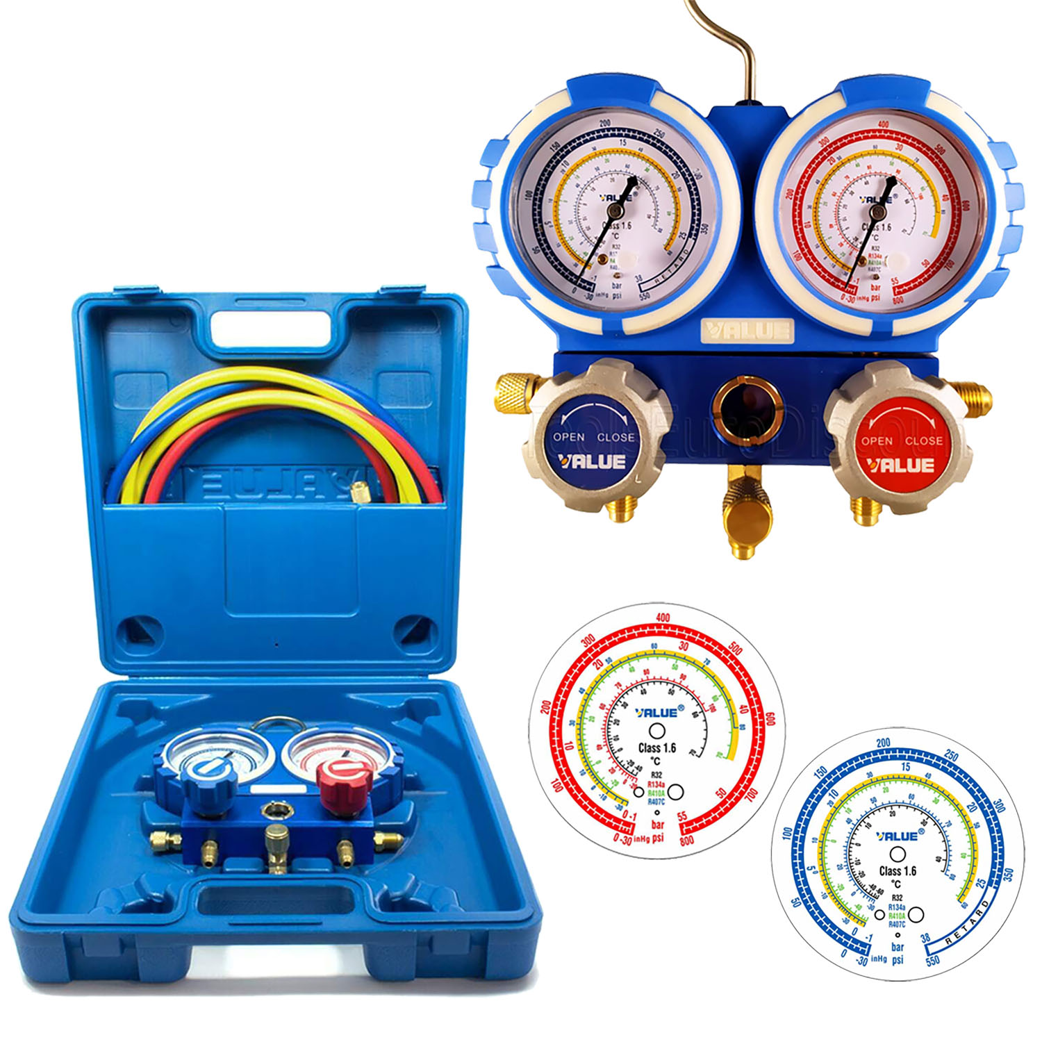 VALUE 2-Wege-Manometer-Baugruppe für Klimaanlagen VMG-2-R32-B - Manometer Ø. 68 mm. - für Klimaanlagen (R32, R410A, R407C) im Koffer mit 3 1/4 Schlauchsatz 120 cm lang. - Konformitätserklärung mit Seriennummer des gelieferten Geräts