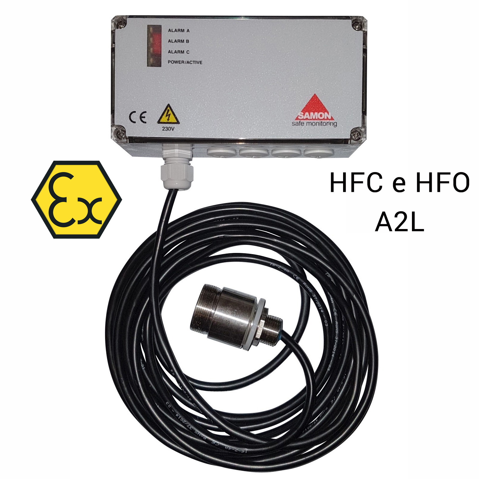 SAMON GXR230-HFC: ATEX-Erfassungseinheit mit Fernfühler, für synthetische A2L-Kältemittel (HFO und HFC einschließlich R32) - Einheit mit Relaisausgang und Halbleitersensor (SC)