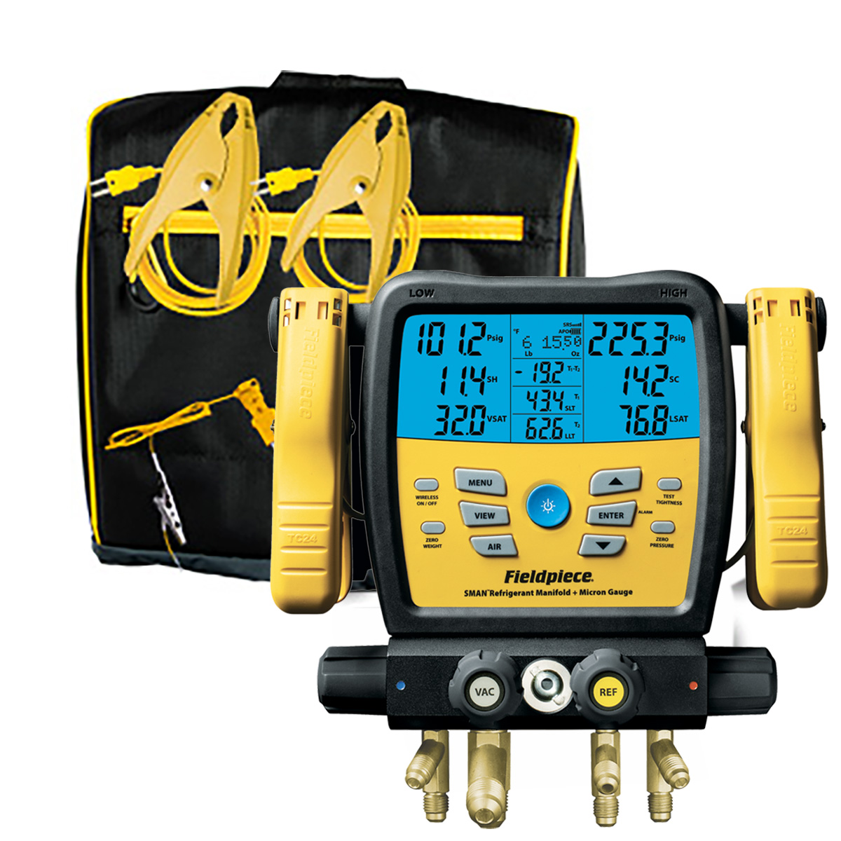 Fieldpiece USA - SM480V INT - Digitale Monteurhilfe SMAN® Manometer und Vakuummeter mit 4 Anschlüssen und Mikrometeranzeige (drahtloses Job Link System) - Kalibrierungsbericht inbegriffen