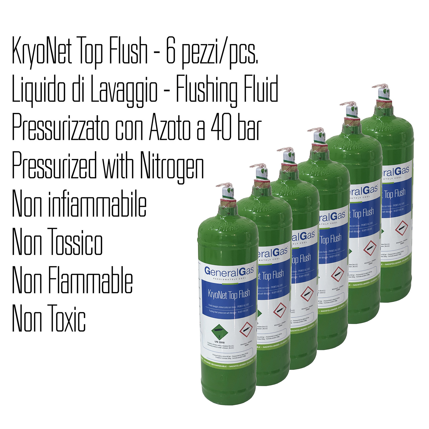 6 x KryoNet TopFlush - nicht brennbare Spülflüssigkeit - mit Stickstoff unter Druck gesetzt 40 bar, gebrauchsfertig - 1,1 Liter Flasche - 48 Bar - AC - Ventil ¼ SAE RH männlich