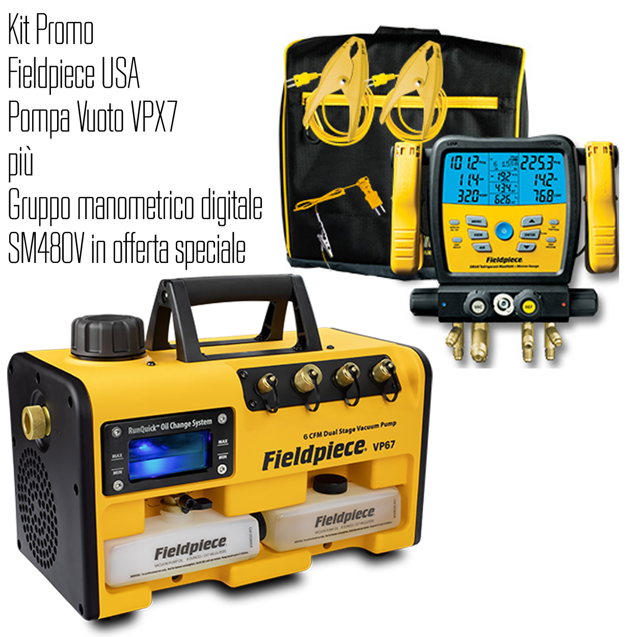 Fieldpiece-Kit (USA) bestehend aus VPX7 Vakuumpumpe 283 Liter/Minute + SM480V INT kabelloses digitale Monteurhilfe mit 4 Anschlüssen und Vakuummeter - inklusive Kalibrierungsbericht