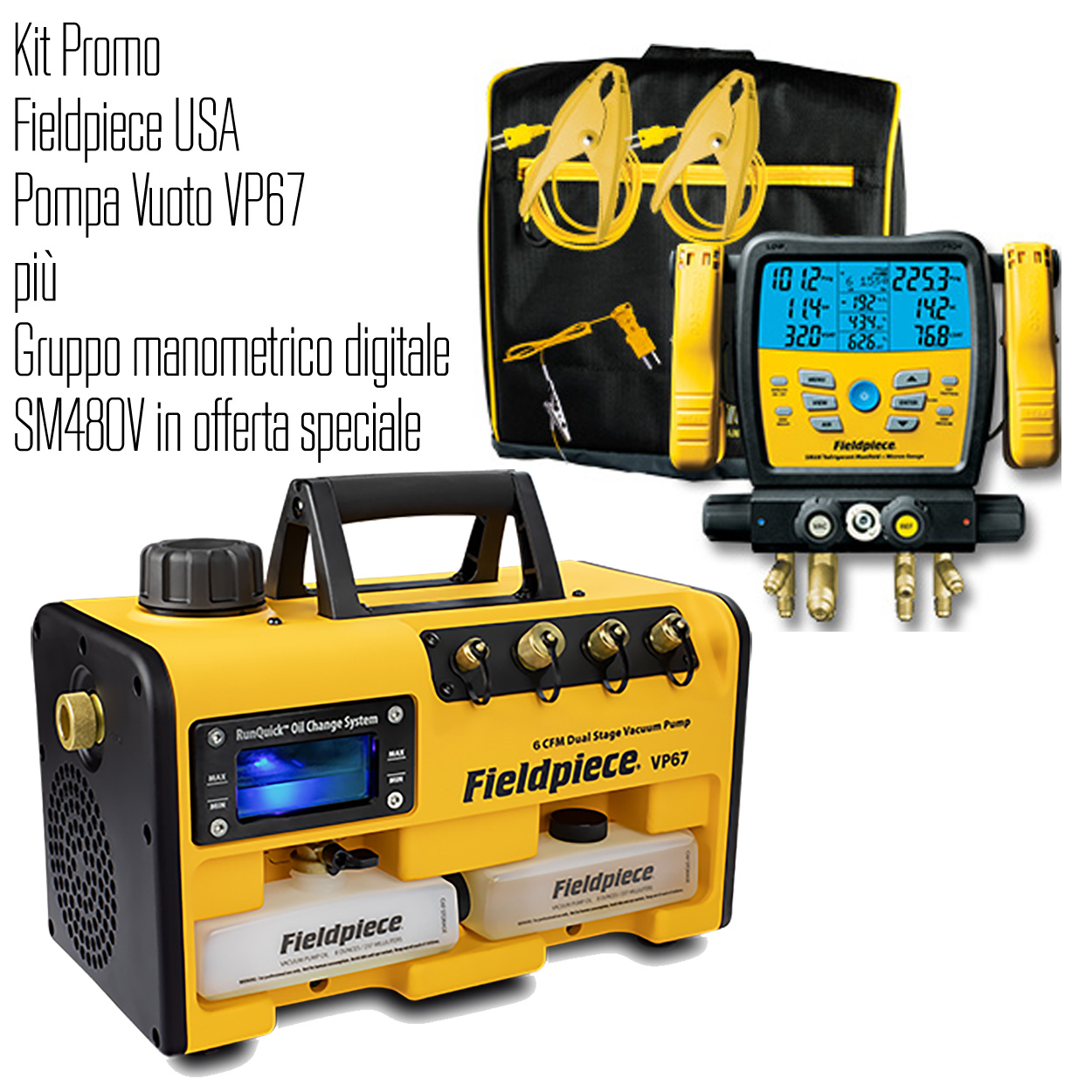 Fieldpiece USA  Kit bestehend aus VP67 Vakuumpumpe 170 Liter/Minute + SM480V INT kabelloses digitale Monteurhilfe mit 4 Anschlüssen und Vakuummeter - inklusive Kalibrierungsbericht