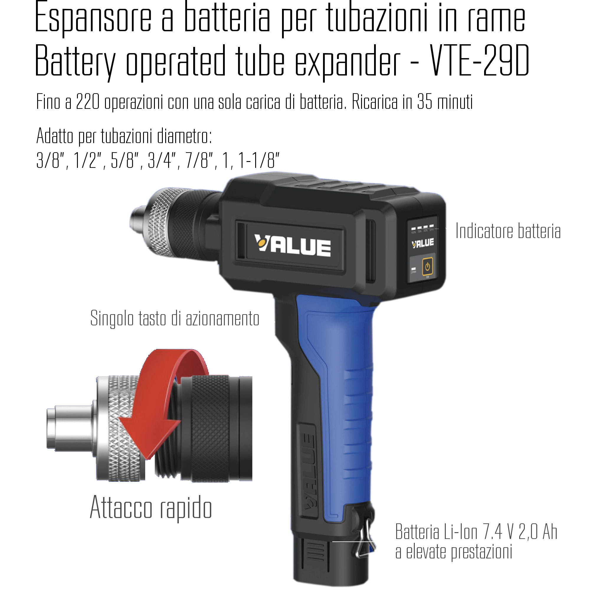 VALUE Batteriebetriebener Kupferrohr-Aufweiter VTE-29D geeignet für Rohrdurchmesser ⅜, ½, ⅝, ¾, ⅞, 1, 1 ⅛ Zoll - mit 1 Batterien, im Kunststoffkoffer