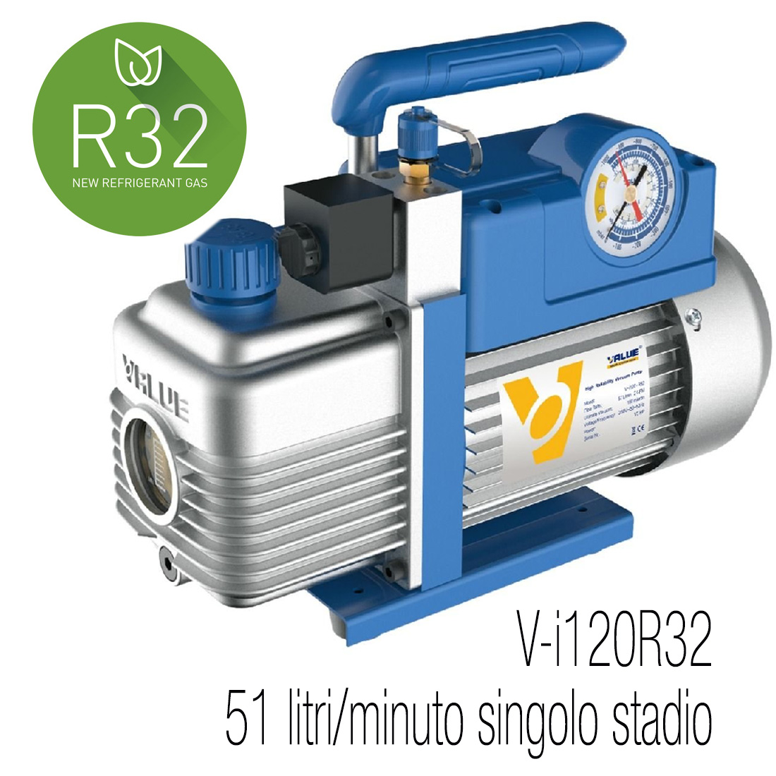 VALUE Einstufige Vakuumpumpe, auch für R32 geeignet, Fördermenge 51 Liter/Minute, Motor 1/4 PS, Endvakuum 0,2 mbar/20 Pa/150 Mikron - mit Magnetventil und Vakuummeter