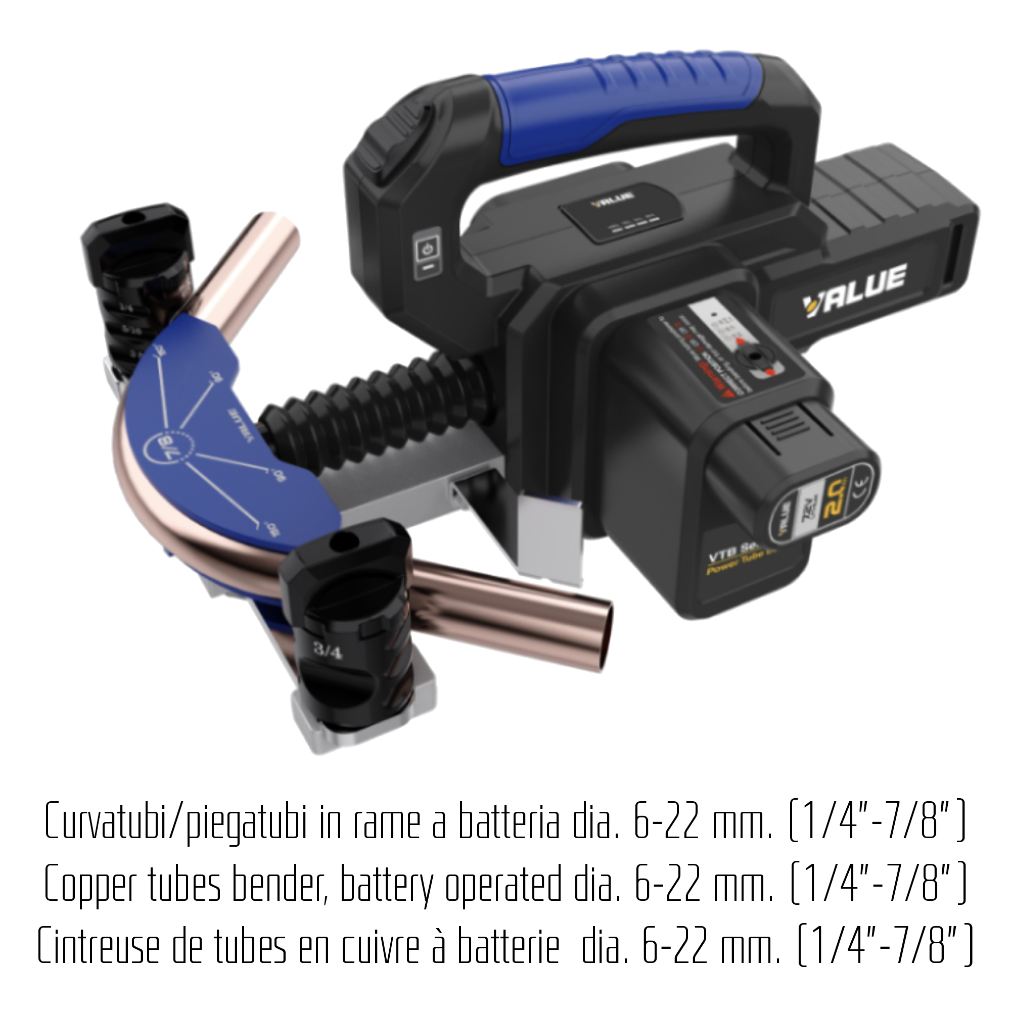 VALUE VTB-22L batteriebetriebener Kupferrohrbieger (HVACR) - für Rohre ¼ (6mm), 5/16 (8mm), 3/8 (10mm), 1/2 (12mm), 5/8 (16mm), 3/4 (19mm), 7/8 (22mm)