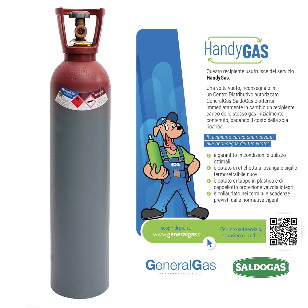 HandyGas ACETILENE-Flasche 14 l, 19 bar, komplett mit Ventil und Kappe - gefüllt mit 2 kg Acetylen (HandyGas-Service für sofortigen Wechsel von leer auf voll)