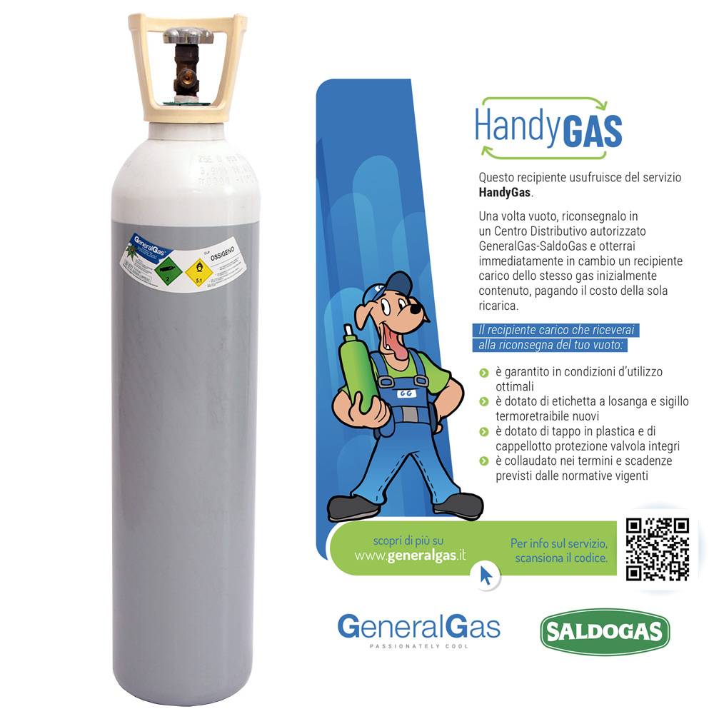 HandyGas OXYGEN Hochdruckflasche 14 lt - 200 bar komplett mit Ventil und Kappe - gefüllt mit 3 mc technischem Sauerstoff (nutzt HandyGas Service Sofortwechsel von leer zu voll)