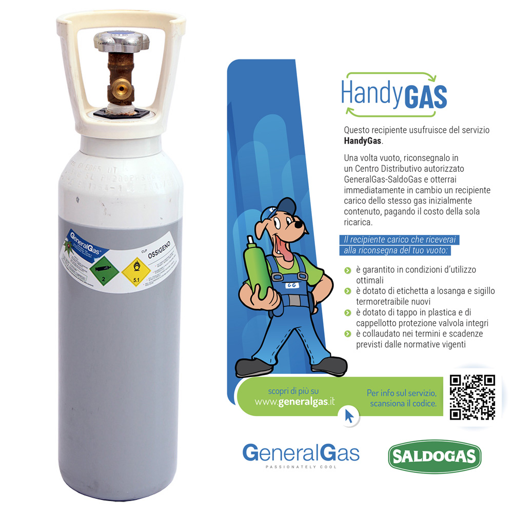 HandyGas OXYGEN Hochdruckflasche 5 lt - 200 bar komplett mit Ventil und Kappe - gefüllt mit 1 mc technischem Sauerstoff (HandyGas Service für sofortigen Wechsel von leer zu voll)