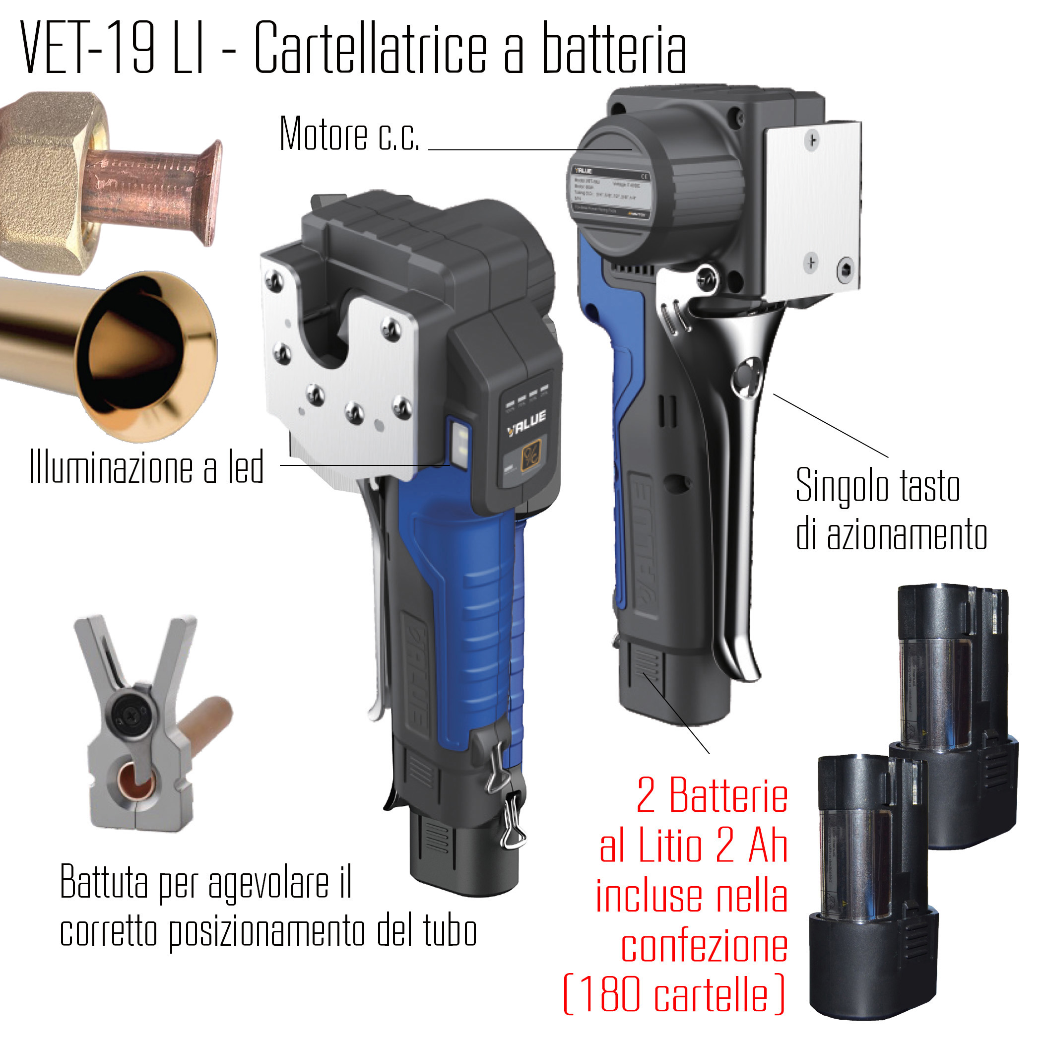 ALUE Falzmaschine (Bördelgerät) mit zwei VET-19LI Lithium-Batterien für Rohrdurchmesser. 1/4, 3/8, 1/2, 5/8 und 3/4 Zoll (Rohrschablonen in mm. separat erhältlich)