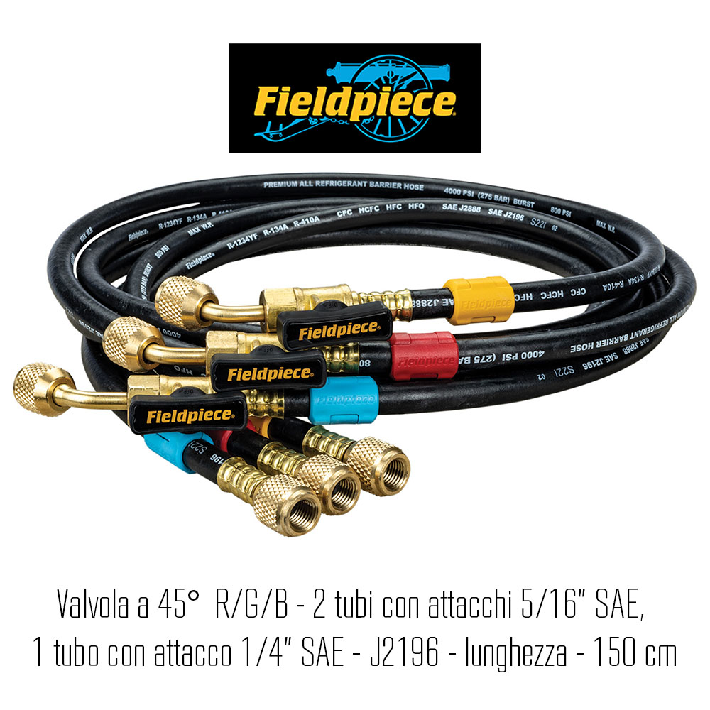 Satz 3 original Fieldpiece Vierschichtfüllschläuche, mit 45°-Ventil R/G/B - 2x mit 5/16 SAE-Anschlüssen, 1x mit 1/4 SAE-Anschluss - J2196 L - 150 cm - Code Fieldpiece HR3BM