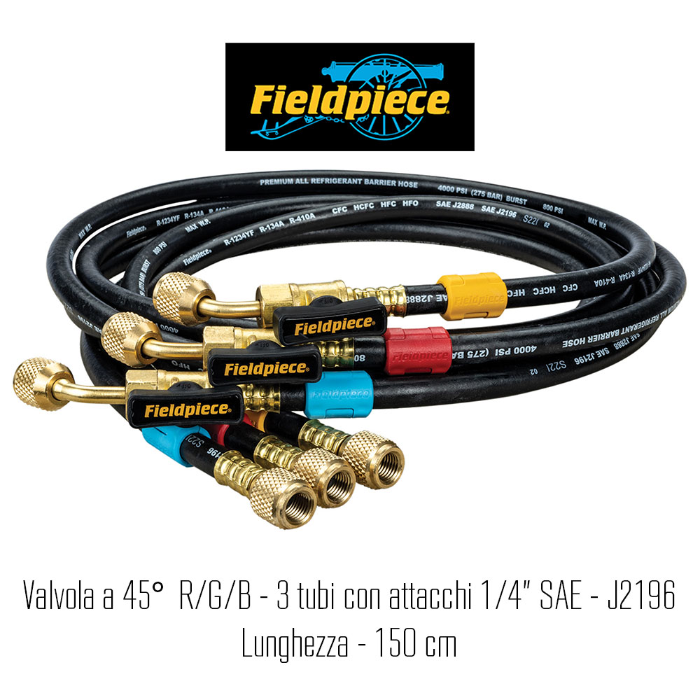 Satz 3 original Fieldpiece Vierschicht-Füllschläuche, mit 45°-Ventil R/G/B - 1/4 SAE-Anschlüsse - J2196 L - 150 cm - Code Fieldpiece HR3B