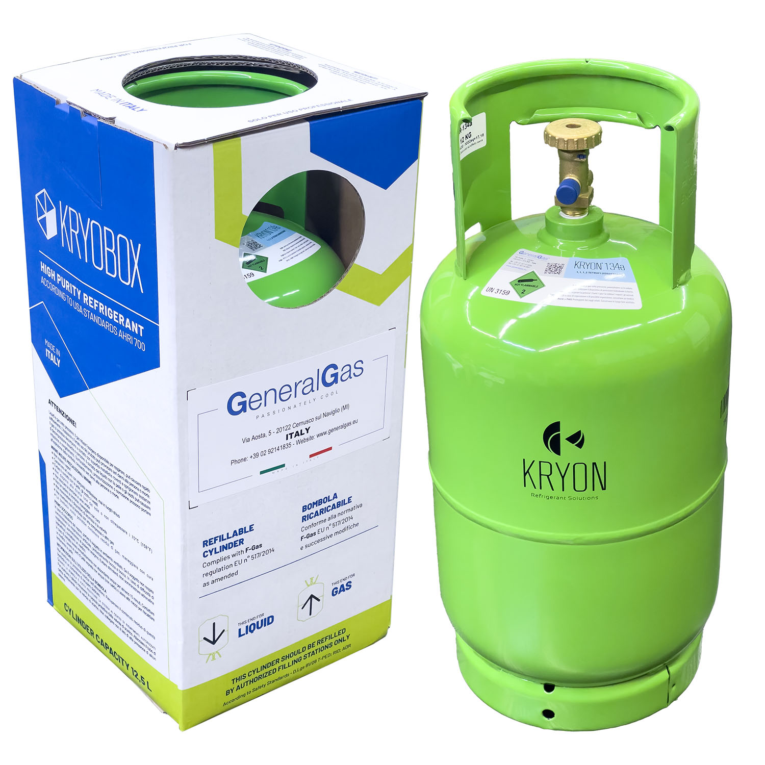 R404A Kryon® 404A in Kryobox 12,5 Liter / 48 bar - 10 Kg - radventil auslass 1/4 SAE