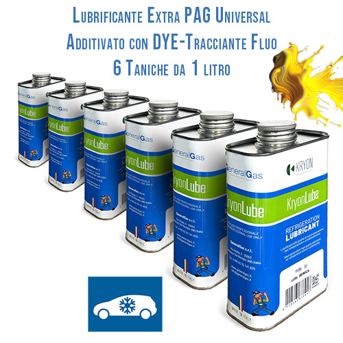 KryonLube EXTRA Universal PAG AUTO Lubricant für R134a und R12434yf, additiviert mit fluoreszierendem Tracer (Farbstoff) – 6 x 1 Liter-Metallkanister