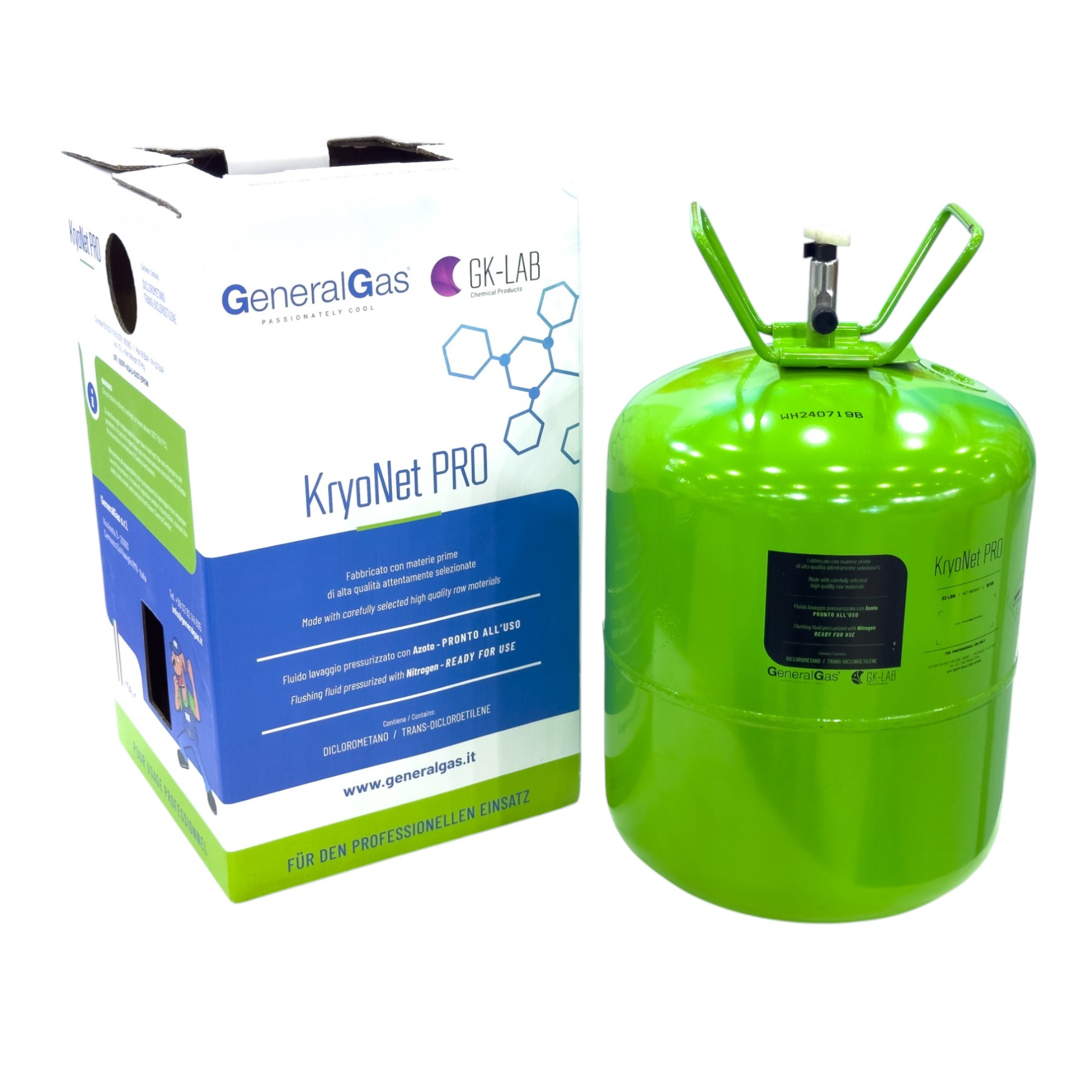 GK-Lab KryoNet PRO - Stickstoff-Drucklösungsmittel, professionelle Anwendung, hohe Verdampfungsrate, nicht brennbar, für Klimaanlagen und Kühlsysteme - Einweg-Druckbehälter 13,6 Liter/10 kg, verpackt in Karton